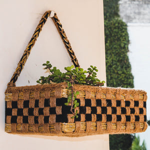 black woven planter Duron Jute & Black Hanging Planter – Sirohi NYC